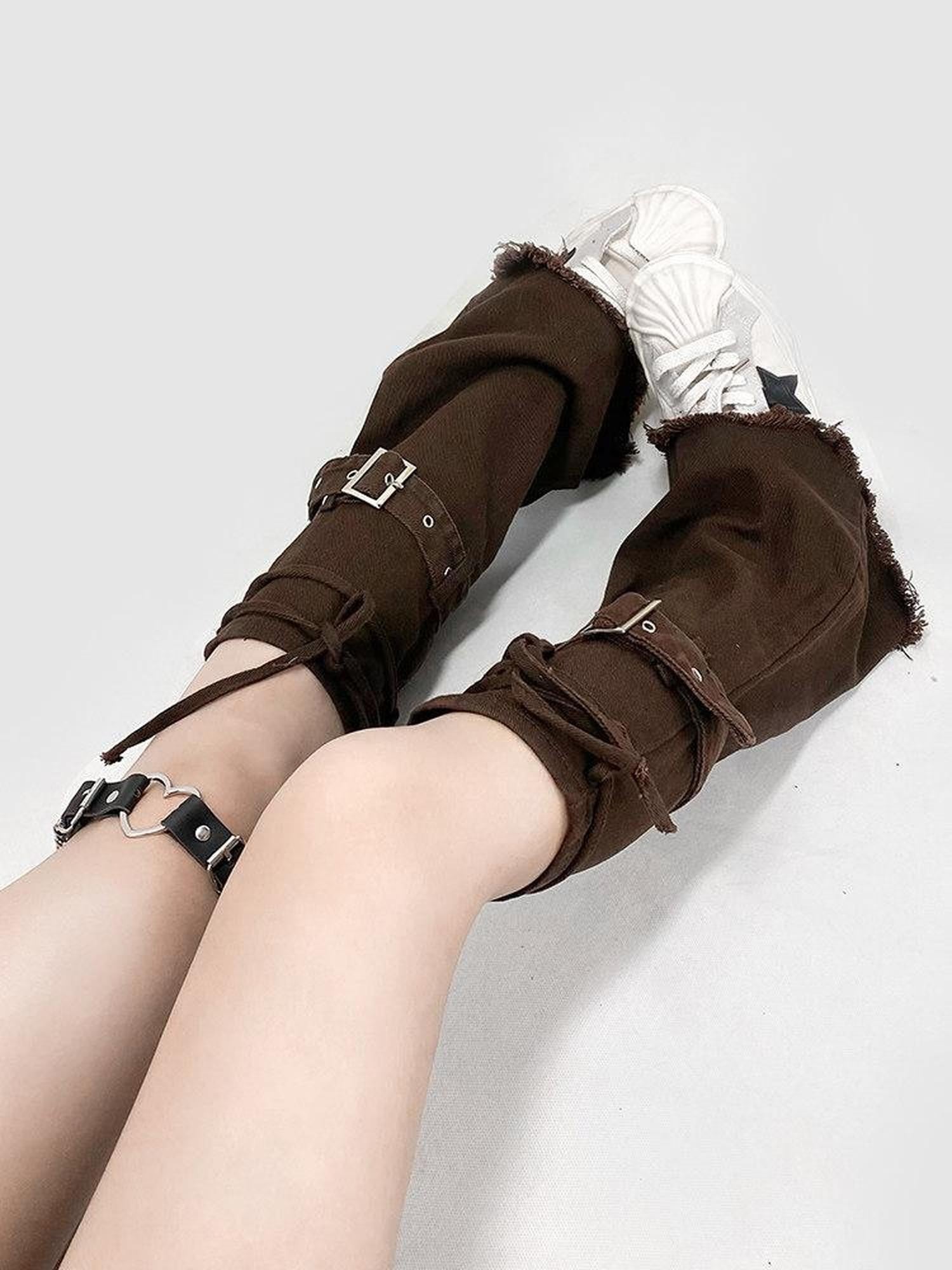 REDDACHIC Deep Brown American Retro Slouchy Stacked Women'S Denim Mid Calf Leg Warmers