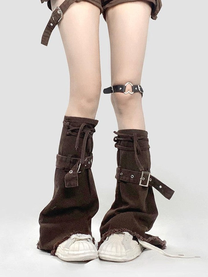 REDDACHIC Deep Brown American Retro Slouchy Stacked Women'S Denim Mid Calf Leg Warmers