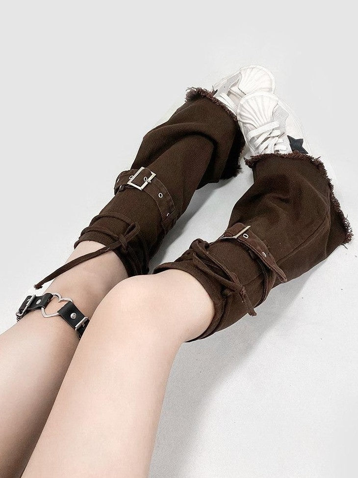 REDDACHIC Deep Brown American Retro Slouchy Stacked Women'S Denim Mid Calf Leg Warmers
