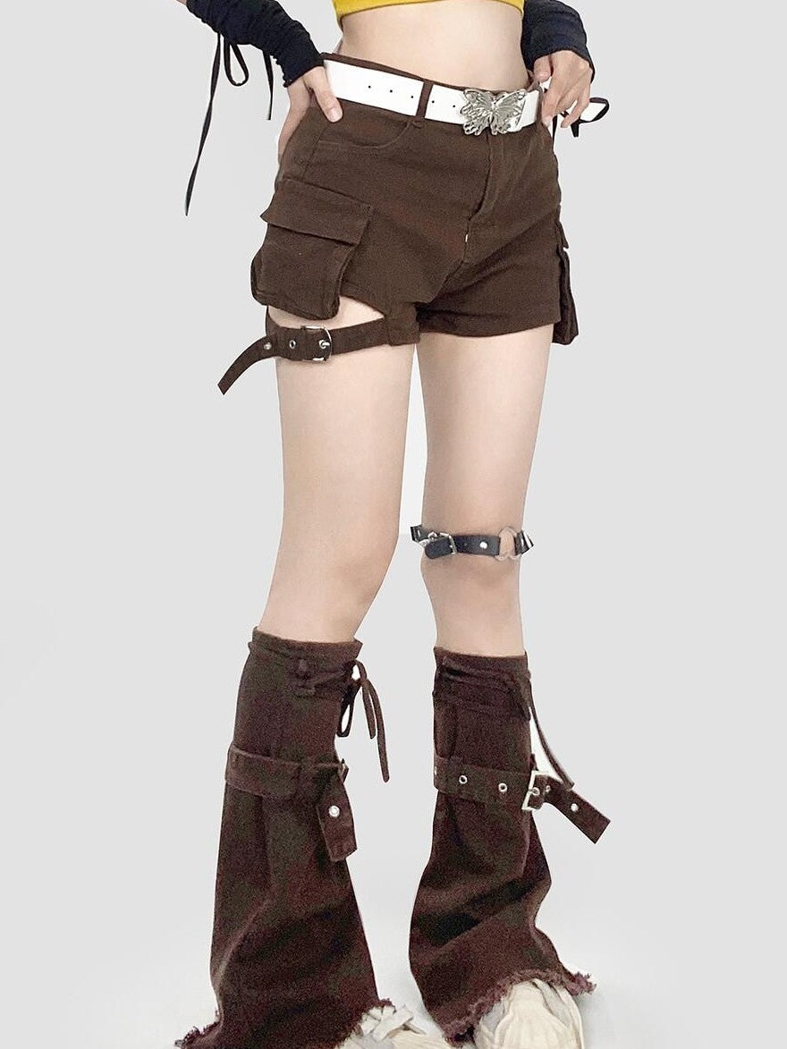 REDDACHIC Deep Brown American Retro Slouchy Stacked Women'S Denim Mid Calf Leg Warmers