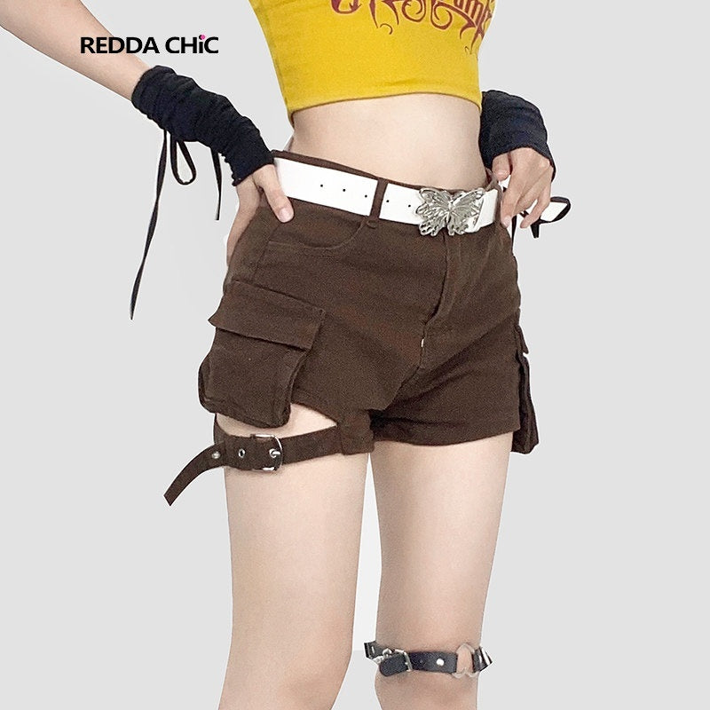 REDDACHIC_Deep_Brown_Vintage_Cargo_Pocket_High_Waist_Unique_Design_Women'S_Denim_Shorts_MISSTT
