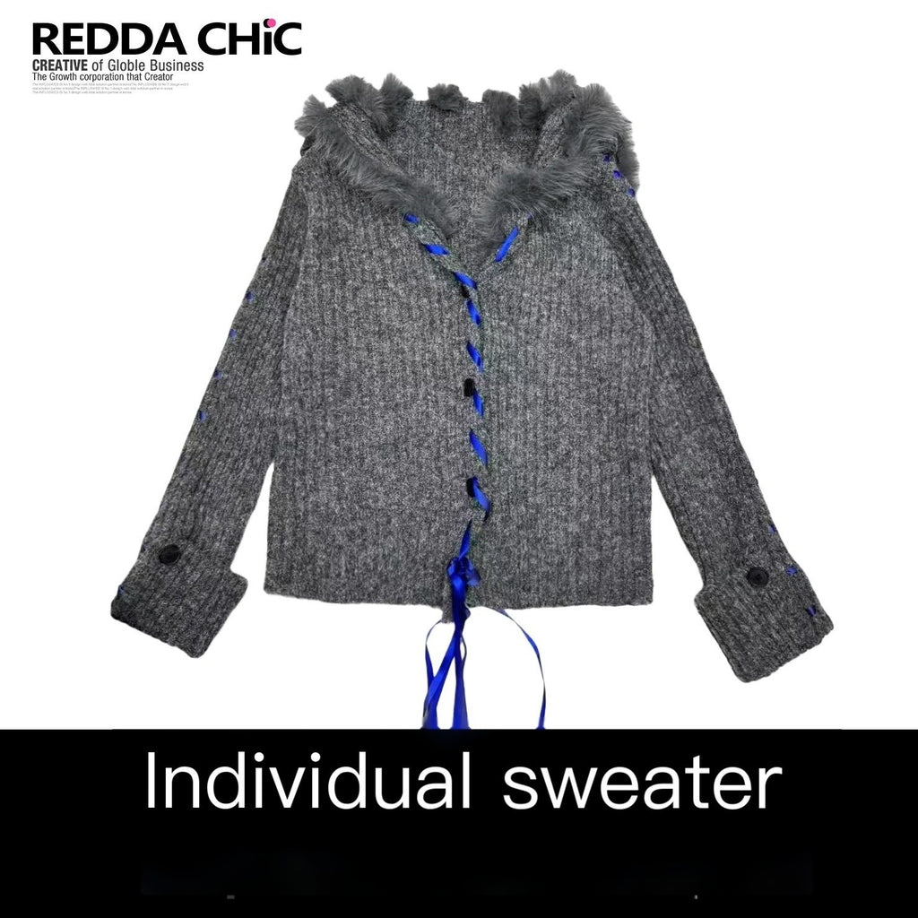 REDDACHIC_Deep_Gray_Contrast_Faux_Fur_V-neck_Lapel_Tie_Women'S_Knit_Cardigans_MISSTT