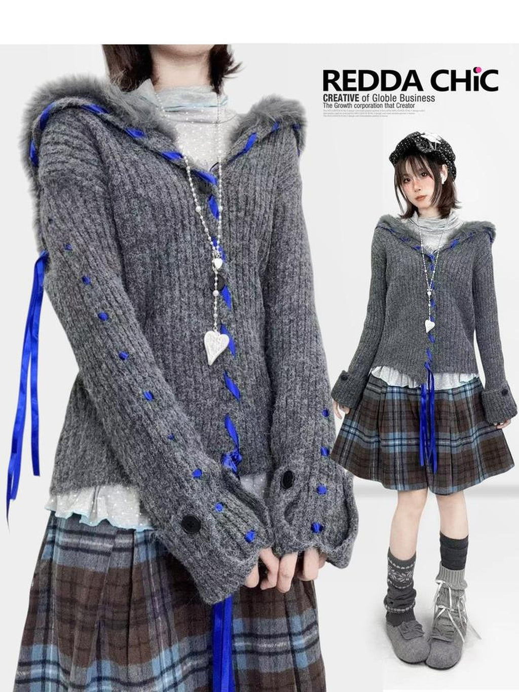 REDDACHIC Deep Gray Contrast Faux Fur V-neck Lapel Tie Women'S Knit Cardigans