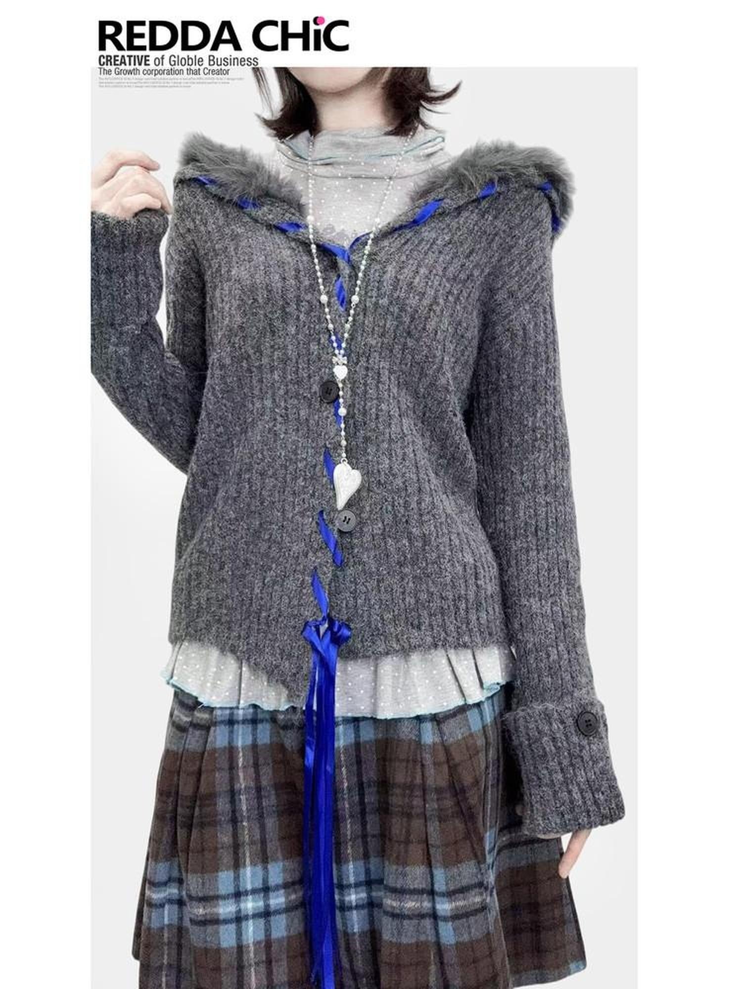 REDDACHIC Deep Gray Contrast Faux Fur V-neck Lapel Tie Women'S Knit Cardigans