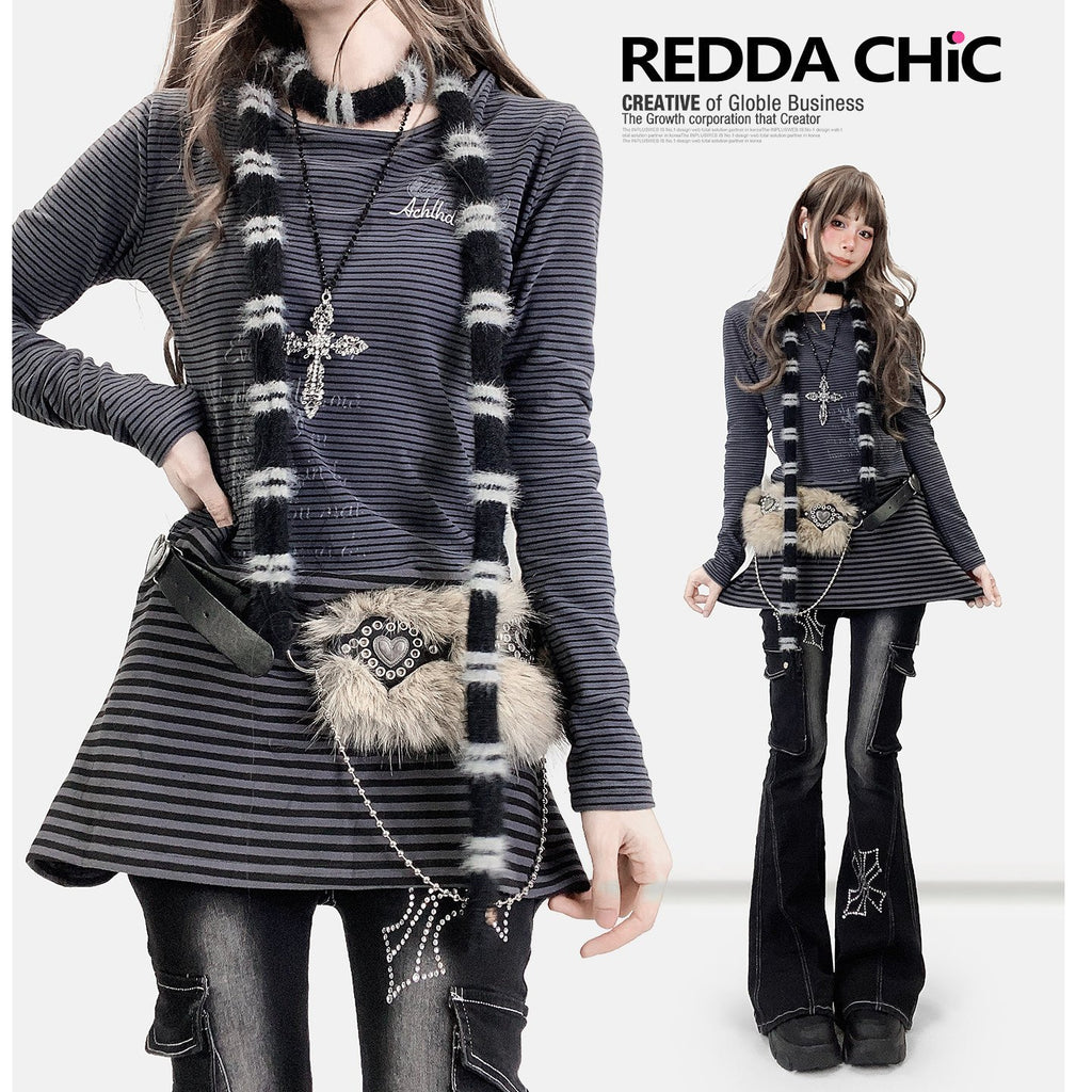 REDDACHIC_Deep_Gray_Striped_Patchwork_Brushed_Long_Sleeve_Women'S_Mini_Dresses_MISSTT