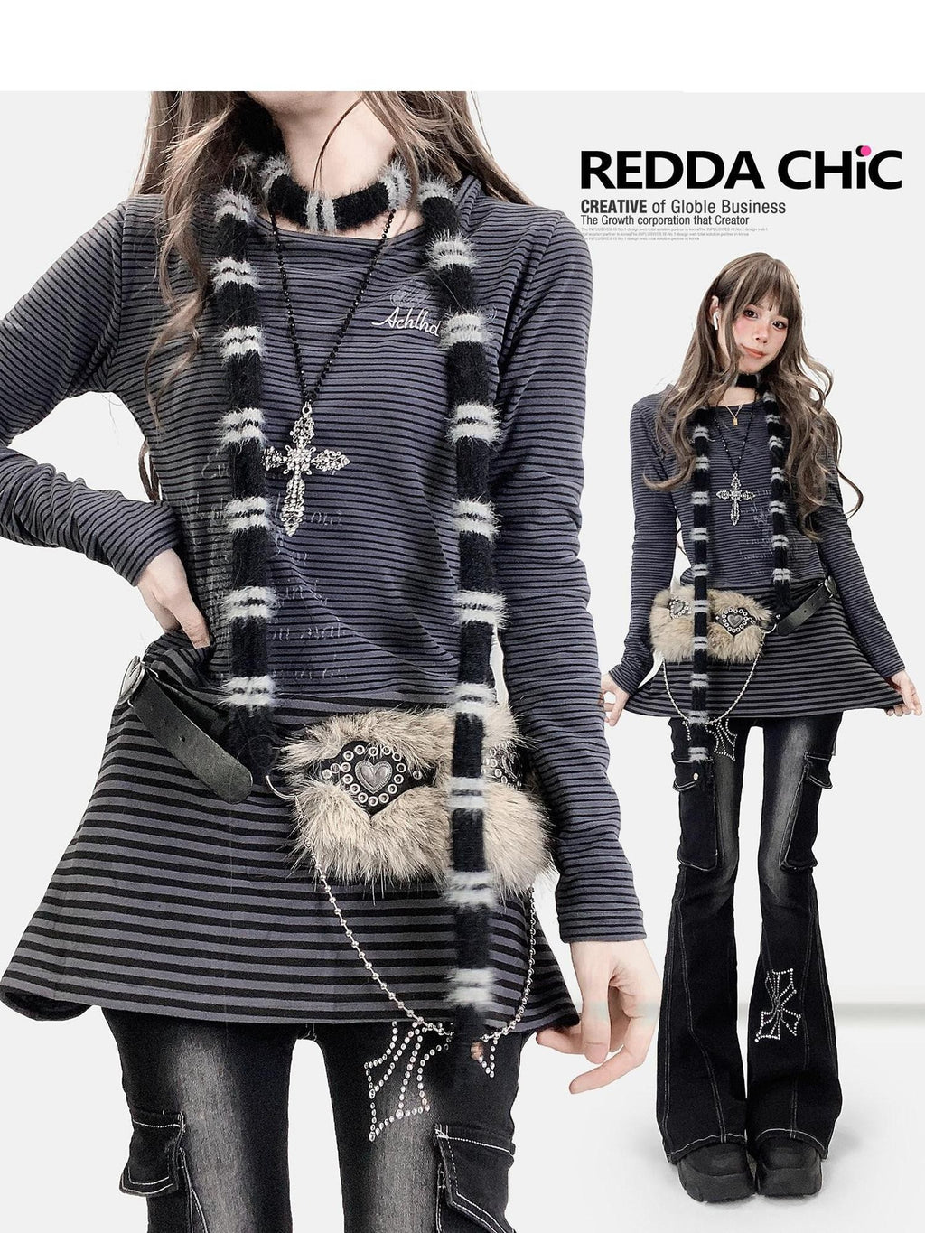 REDDACHIC Deep Gray Striped Patchwork Brushed Long Sleeve Women'S Mini Dresses