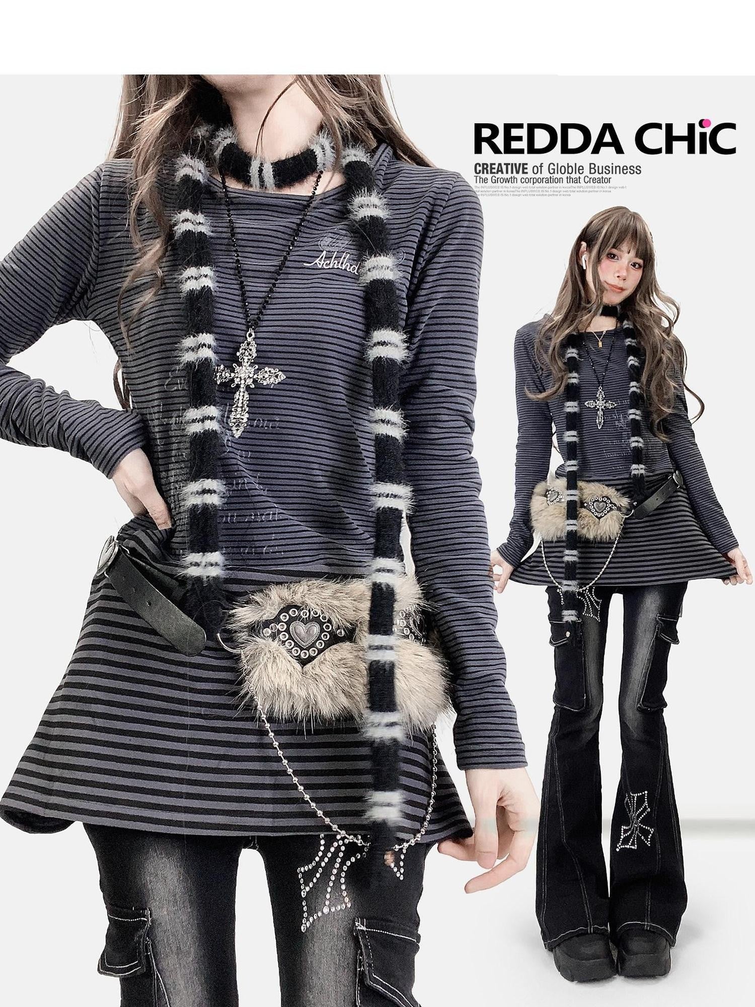 REDDACHIC Deep Gray Striped Patchwork Brushed Long Sleeve Women'S Mini Dresses