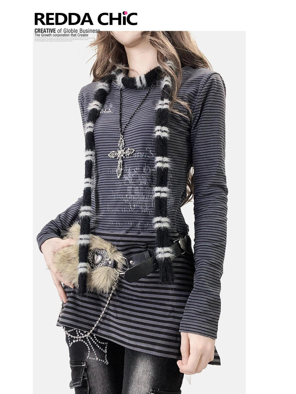 REDDACHIC Deep Gray Striped Patchwork Brushed Long Sleeve Women'S Mini Dresses