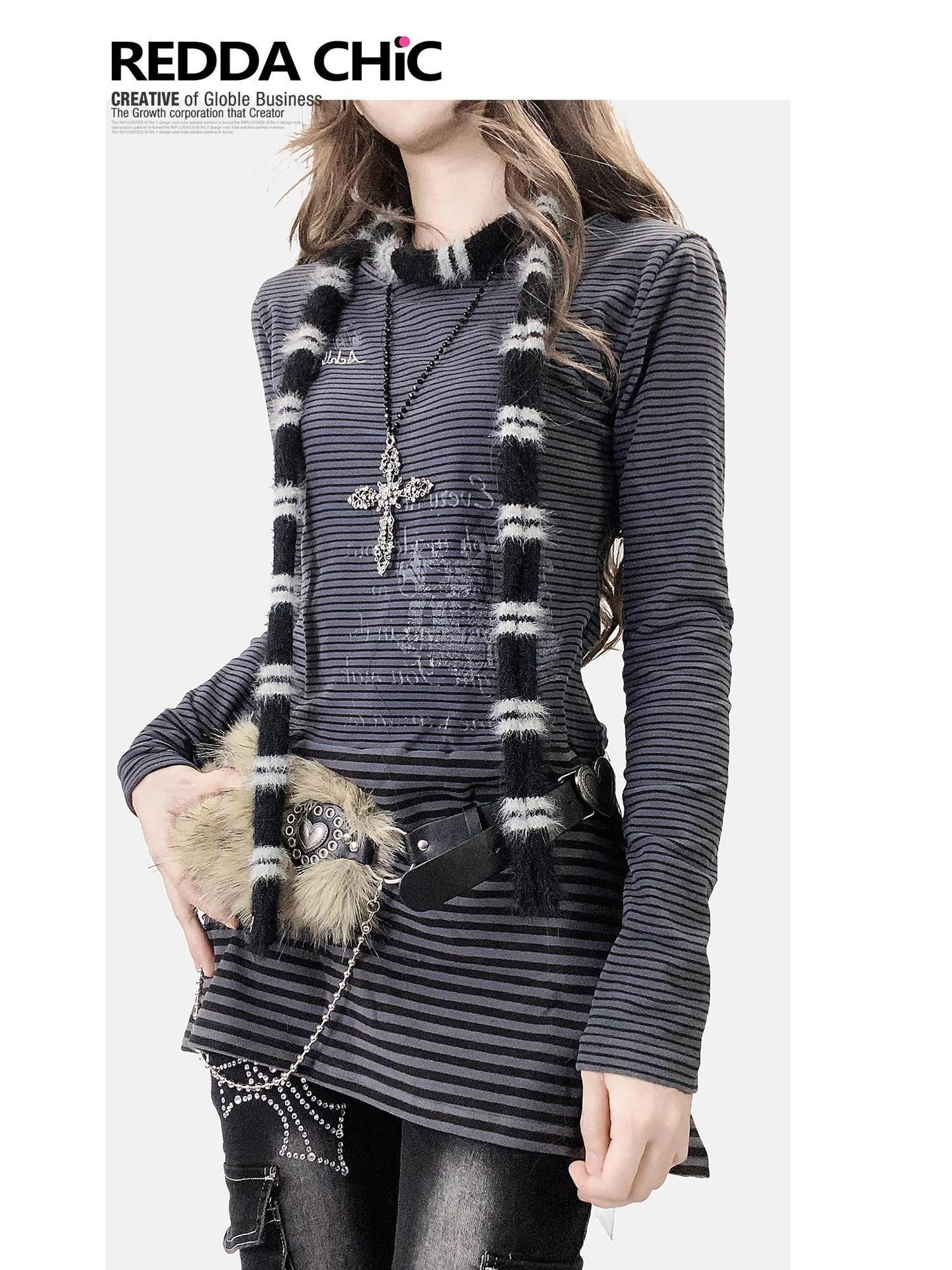 REDDACHIC Deep Gray Striped Patchwork Brushed Long Sleeve Women'S Mini Dresses
