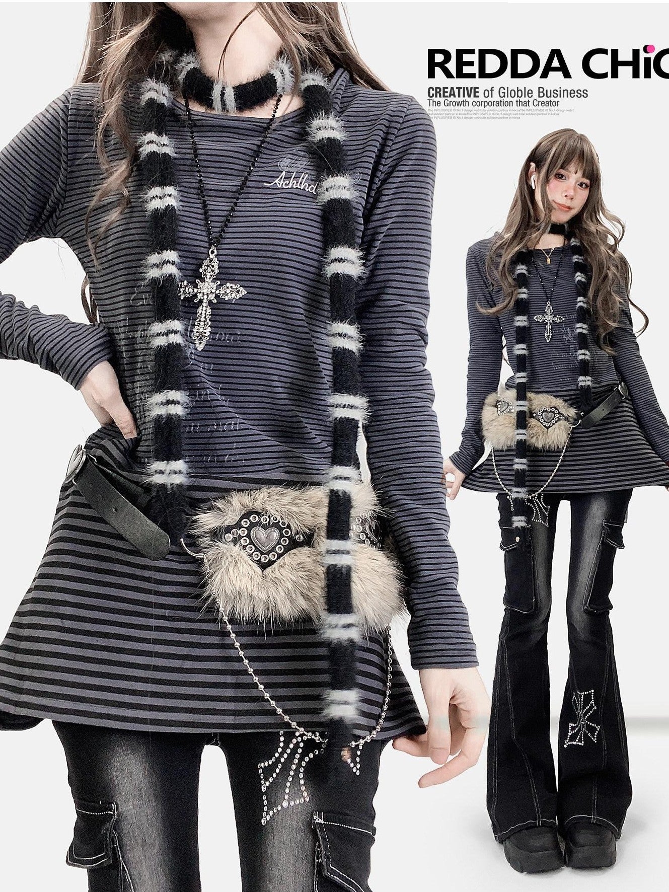 REDDACHIC Deep Gray Striped Patchwork Brushed Long Sleeve Women'S Mini Dresses