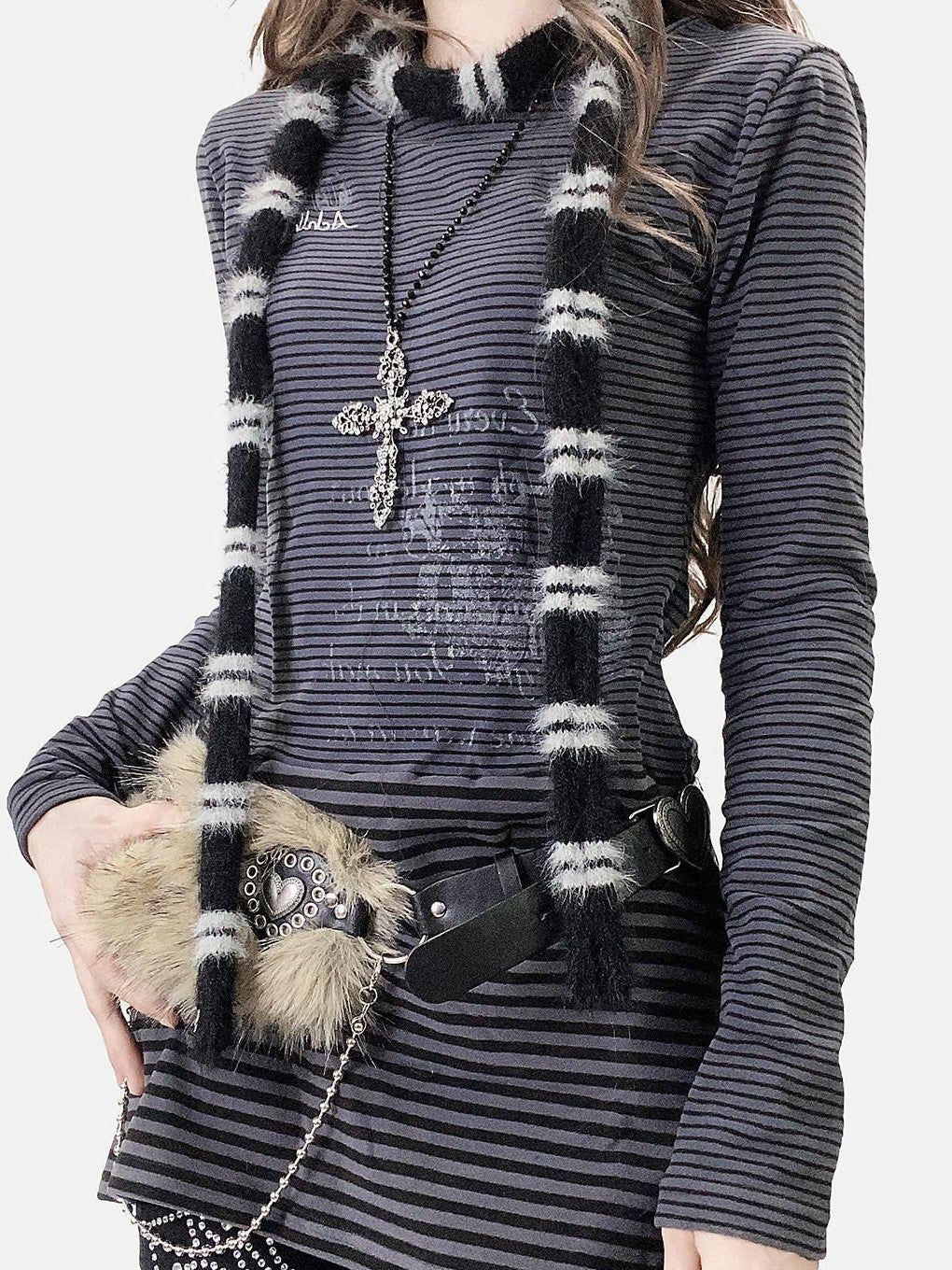 REDDACHIC Deep Gray Striped Patchwork Brushed Long Sleeve Women'S Mini Dresses