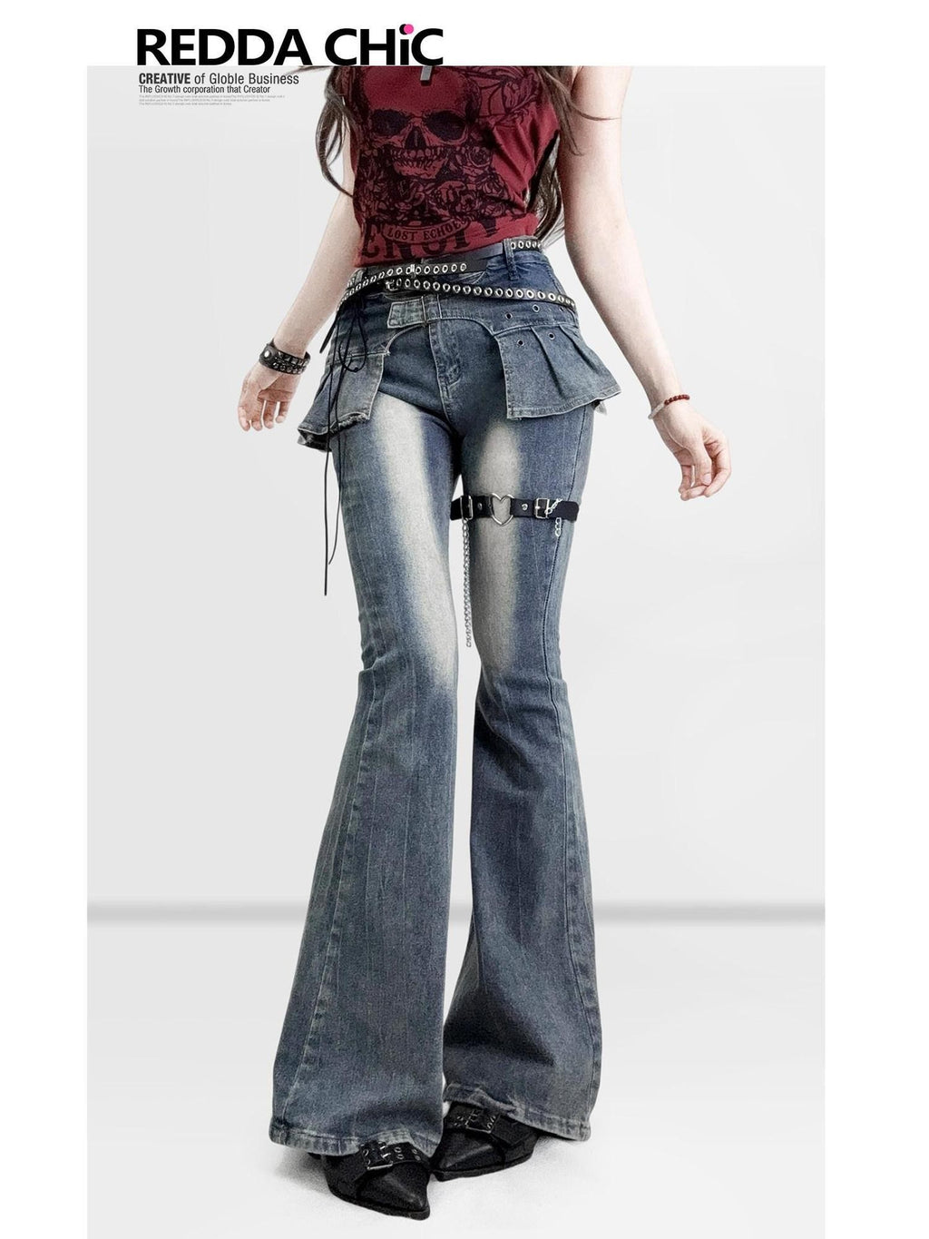 REDDACHIC Distressed Faux Two Piece Slim Dark Wash Women'S Denim Flare Jeans