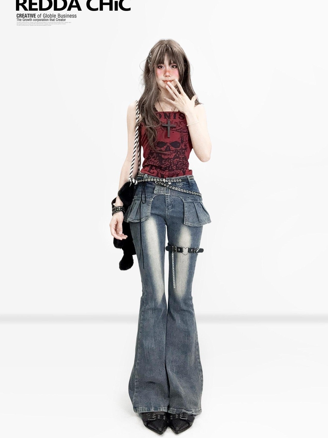 REDDACHIC Distressed Faux Two Piece Slim Dark Wash Women'S Denim Flare Jeans