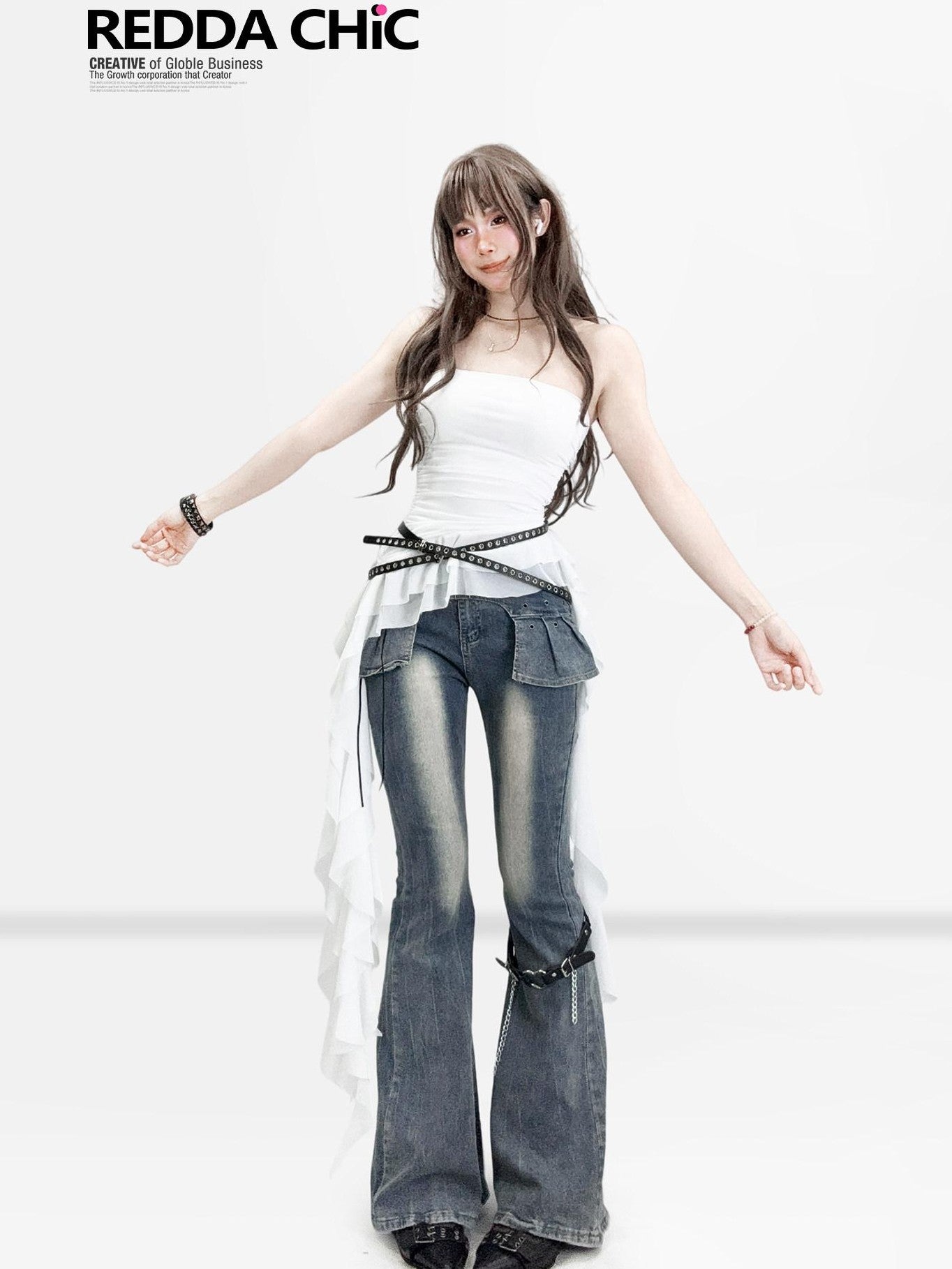 REDDACHIC Distressed Faux Two Piece Slim Dark Wash Women'S Denim Flare Jeans