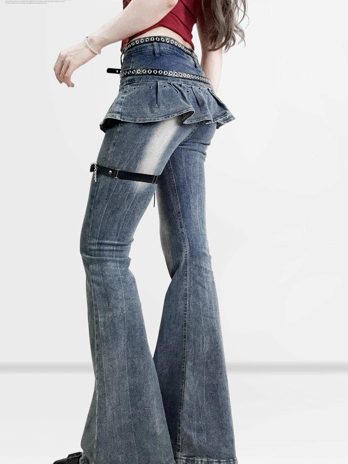 REDDACHIC Distressed Faux Two Piece Slim Dark Wash Women'S Denim Flare Jeans