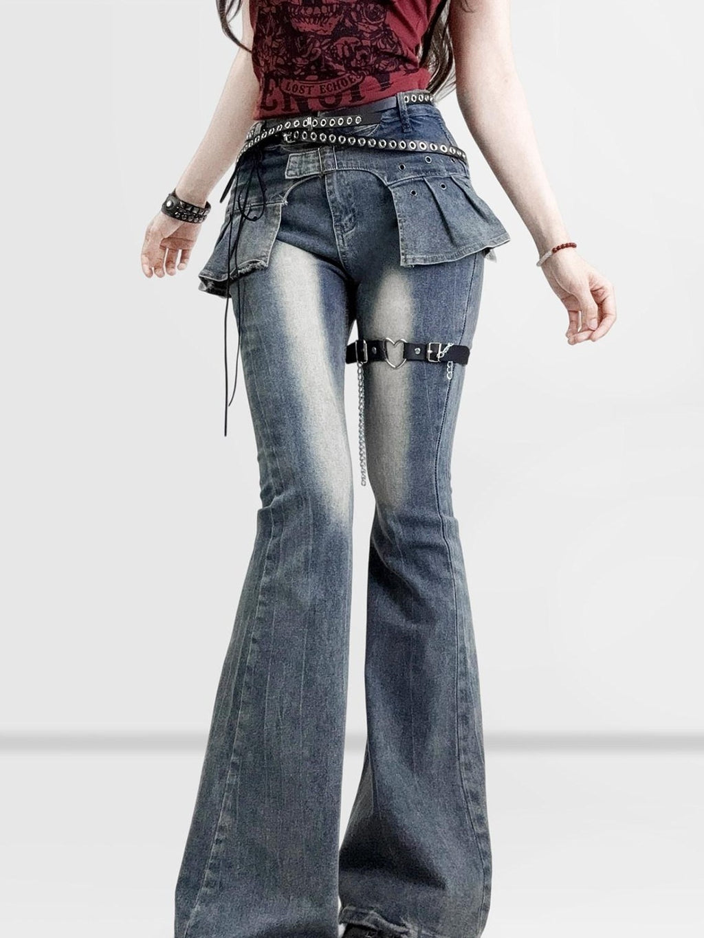REDDACHIC Distressed Faux Two Piece Slim Dark Wash Women'S Denim Flare Jeans