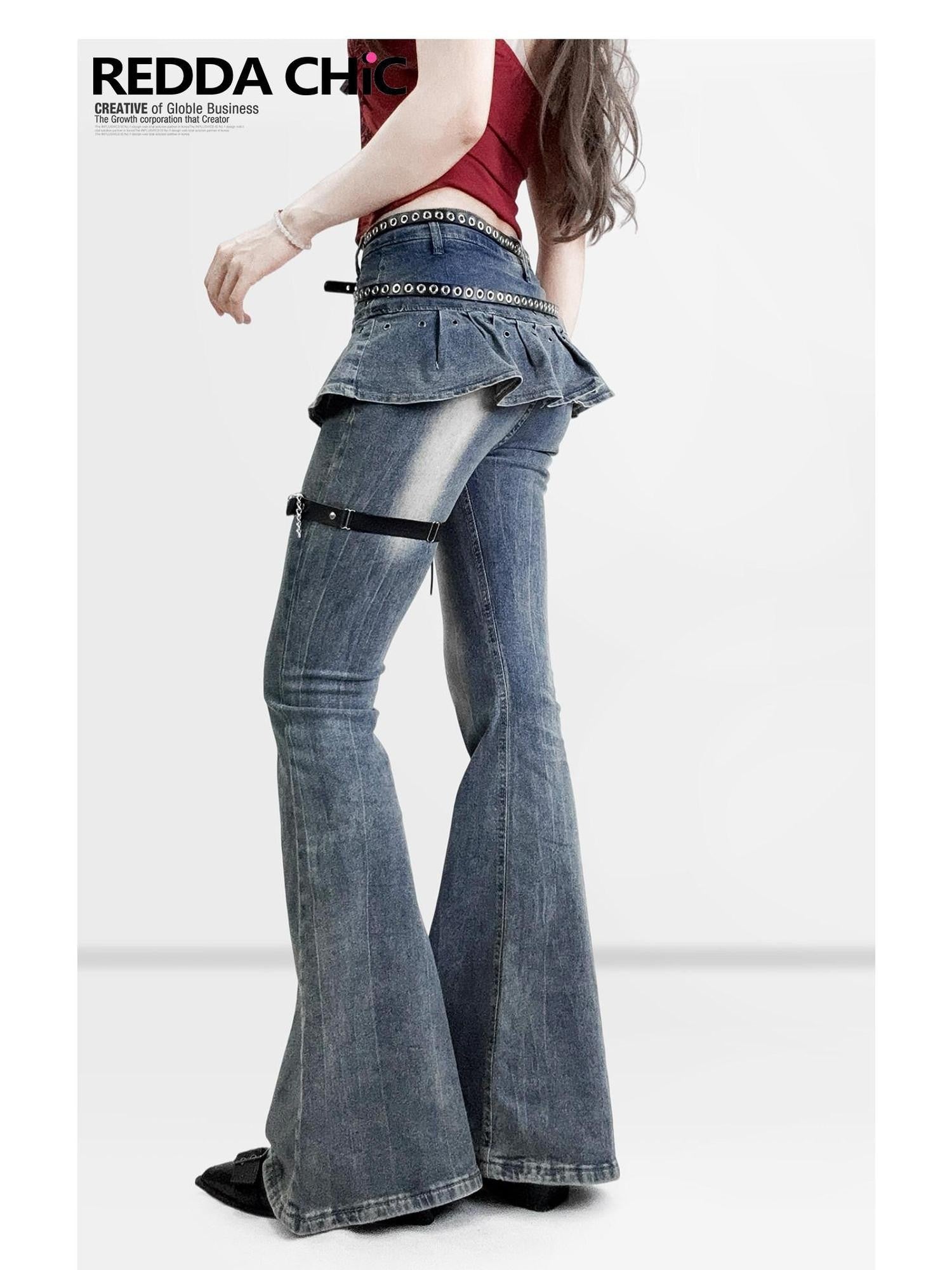 REDDACHIC Distressed Faux Two Piece Slim Dark Wash Women'S Denim Flare Jeans