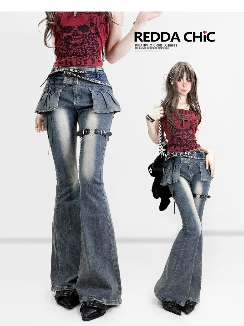 REDDACHIC Distressed Faux Two Piece Slim Dark Wash Women'S Denim Flare Jeans