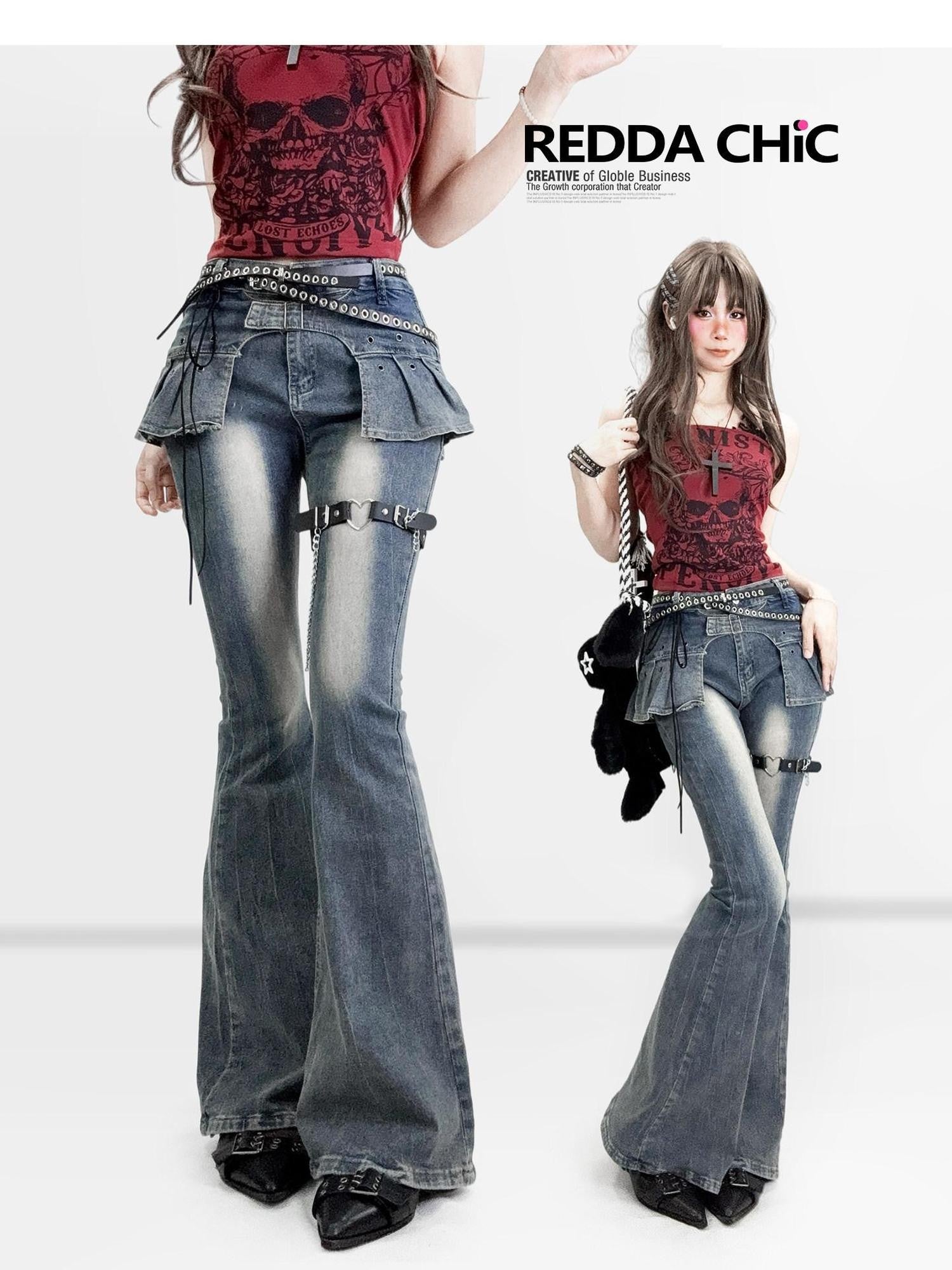 REDDACHIC Distressed Faux Two Piece Slim Dark Wash Women'S Denim Flare Jeans