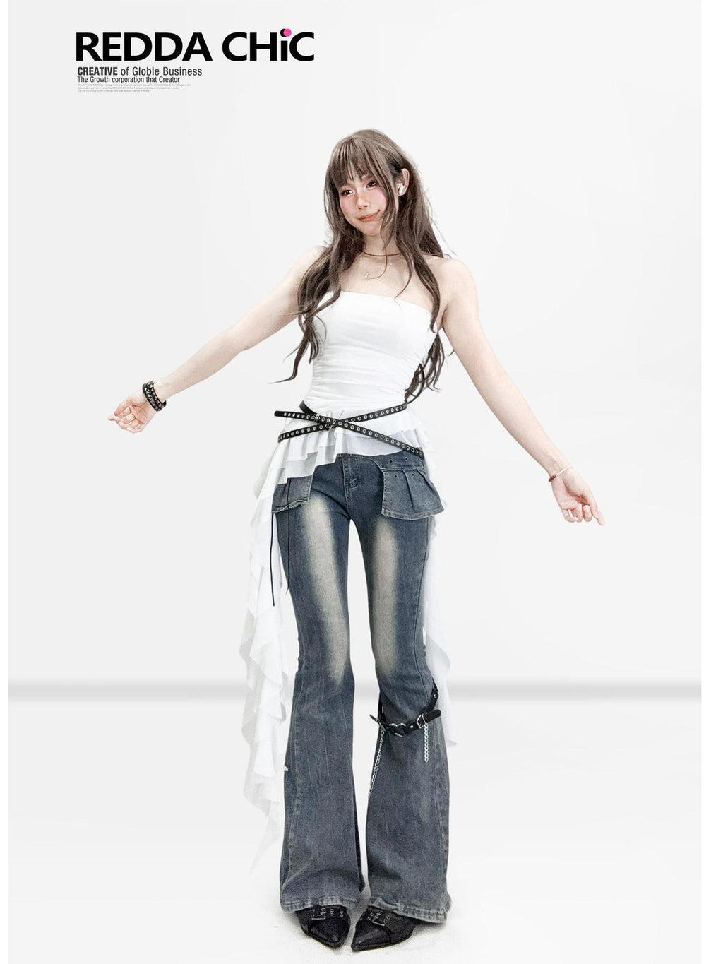 REDDACHIC Distressed Faux Two Piece Slim Dark Wash Women'S Denim Flare Jeans