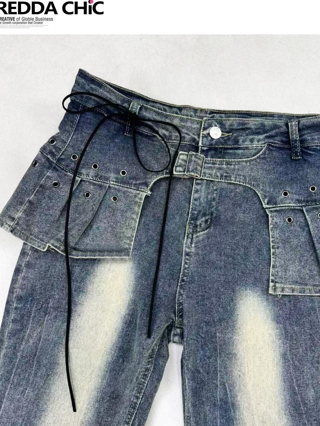 REDDACHIC Distressed Faux Two Piece Slim Dark Wash Women'S Denim Flare Jeans