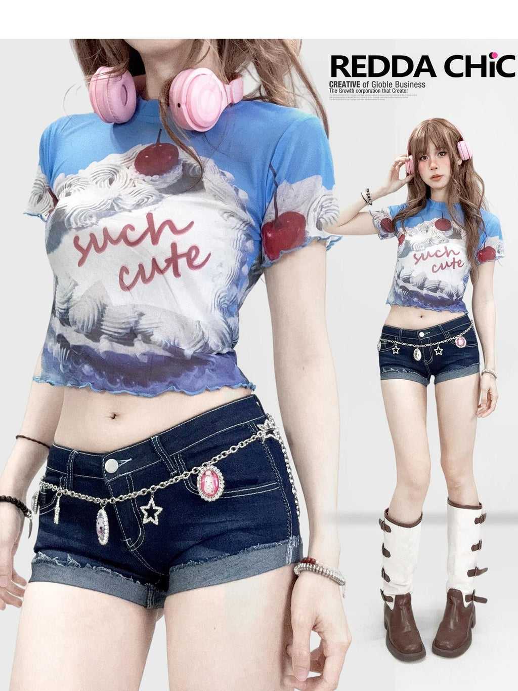 REDDACHIC Dopamine Blue Printed Sheer Cropped Women'S Mesh Short Sleeve T-Shirts