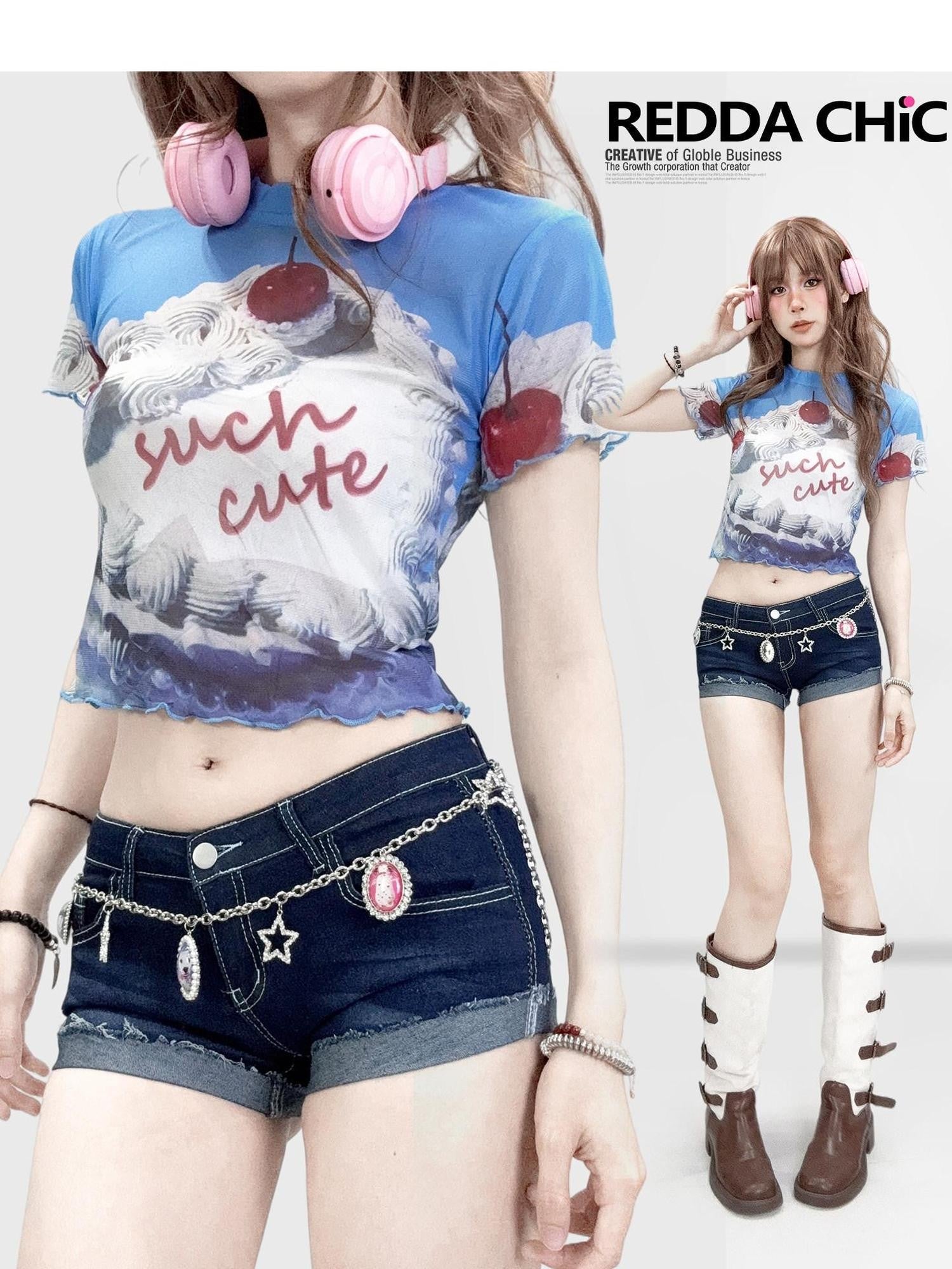 REDDACHIC Dopamine Blue Printed Sheer Cropped Women'S Mesh Short Sleeve T-Shirts