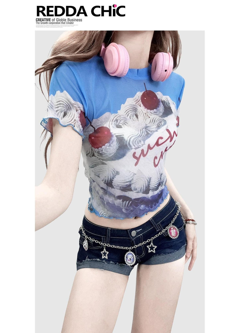 REDDACHIC Dopamine Blue Printed Sheer Cropped Women'S Mesh Short Sleeve T-Shirts