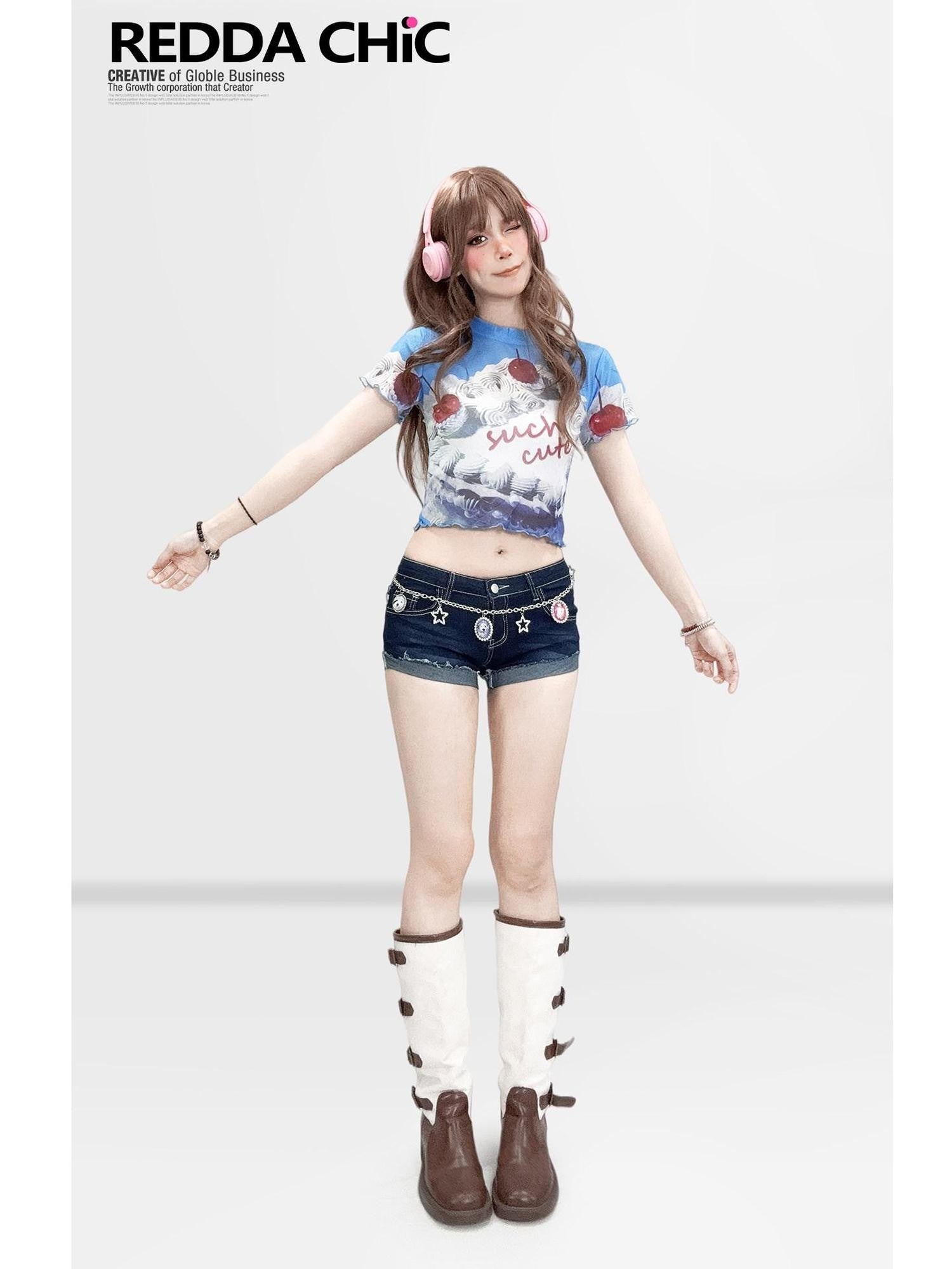 REDDACHIC Dopamine Blue Printed Sheer Cropped Women'S Mesh Short Sleeve T-Shirts