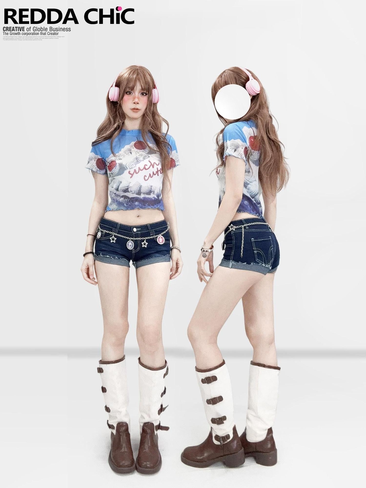 REDDACHIC Dopamine Blue Printed Sheer Cropped Women'S Mesh Short Sleeve T-Shirts