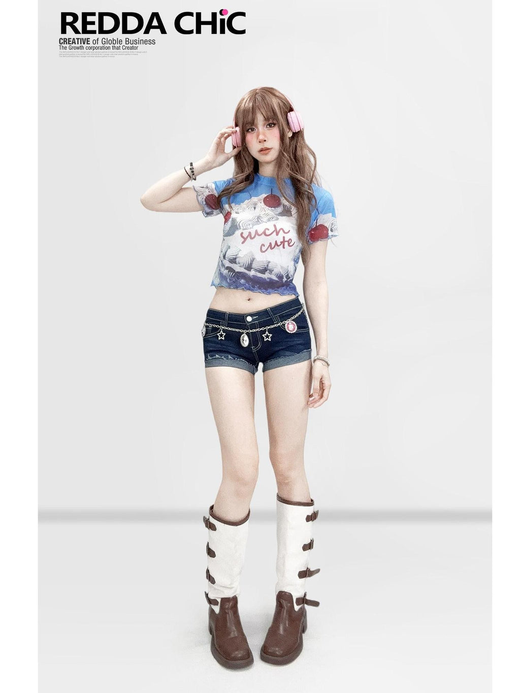 REDDACHIC Dopamine Blue Printed Sheer Cropped Women'S Mesh Short Sleeve T-Shirts