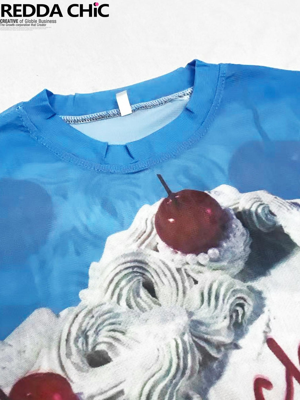 REDDACHIC Dopamine Blue Printed Sheer Cropped Women'S Mesh Short Sleeve T-Shirts