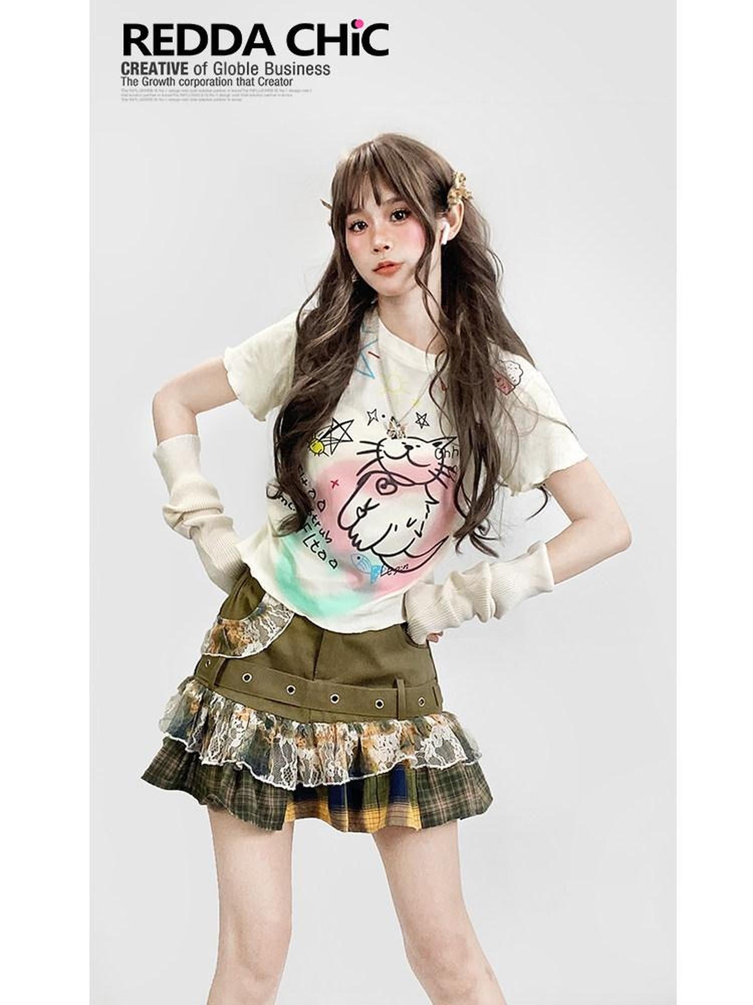 REDDACHIC Dopamine Graffiti Cartoon Print Loose Fit White Women'S Short Sleeve T-Shirts
