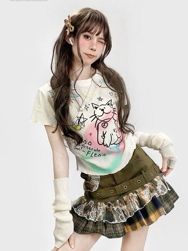 REDDACHIC Dopamine Graffiti Cartoon Print Loose Fit White Women'S Short Sleeve T-Shirts