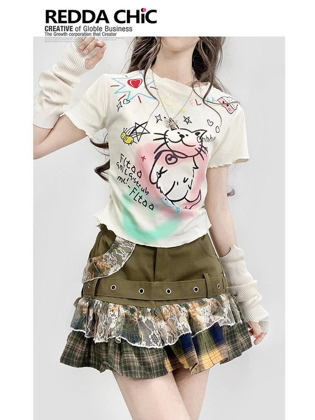 REDDACHIC Dopamine Graffiti Cartoon Print Loose Fit White Women'S Short Sleeve T-Shirts