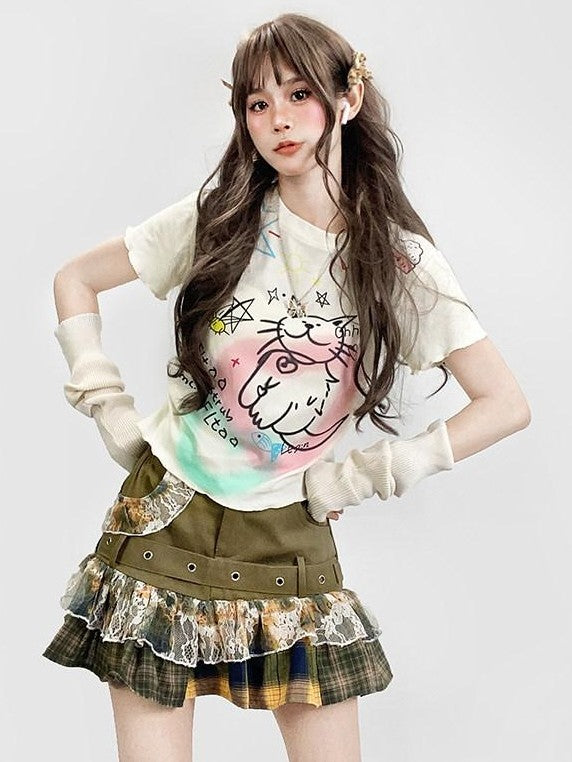 REDDACHIC Dopamine Graffiti Cartoon Print Loose Fit White Women'S Short Sleeve T-Shirts