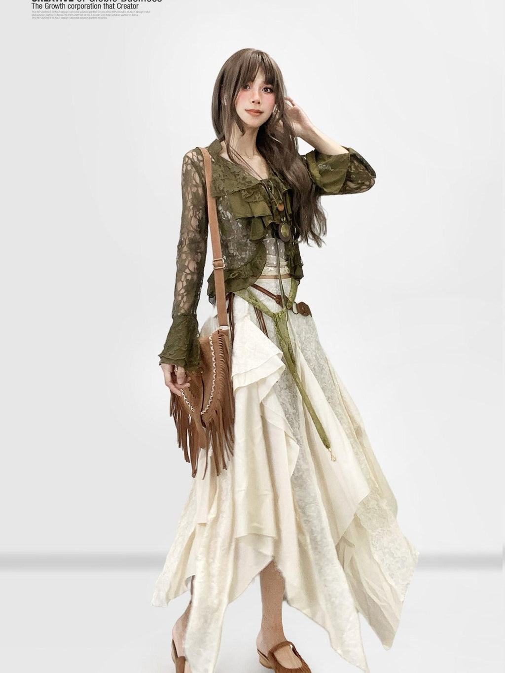 REDDACHIC Ethnic Tiered Ruffle Asymmetrical Women'S Lace Spliced Maxi Skirts