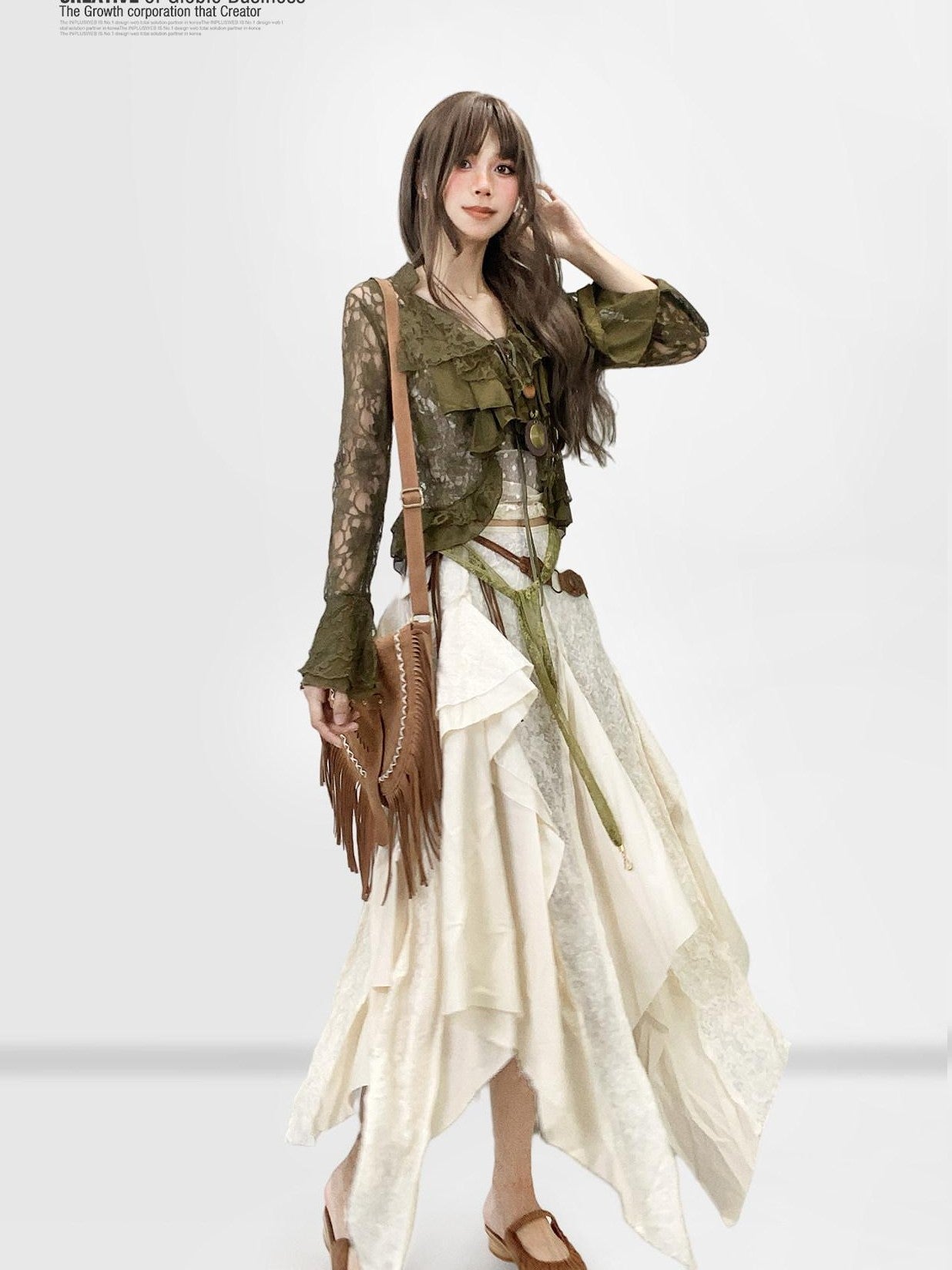 REDDACHIC Ethnic Tiered Ruffle Asymmetrical Women'S Lace Spliced Maxi Skirts