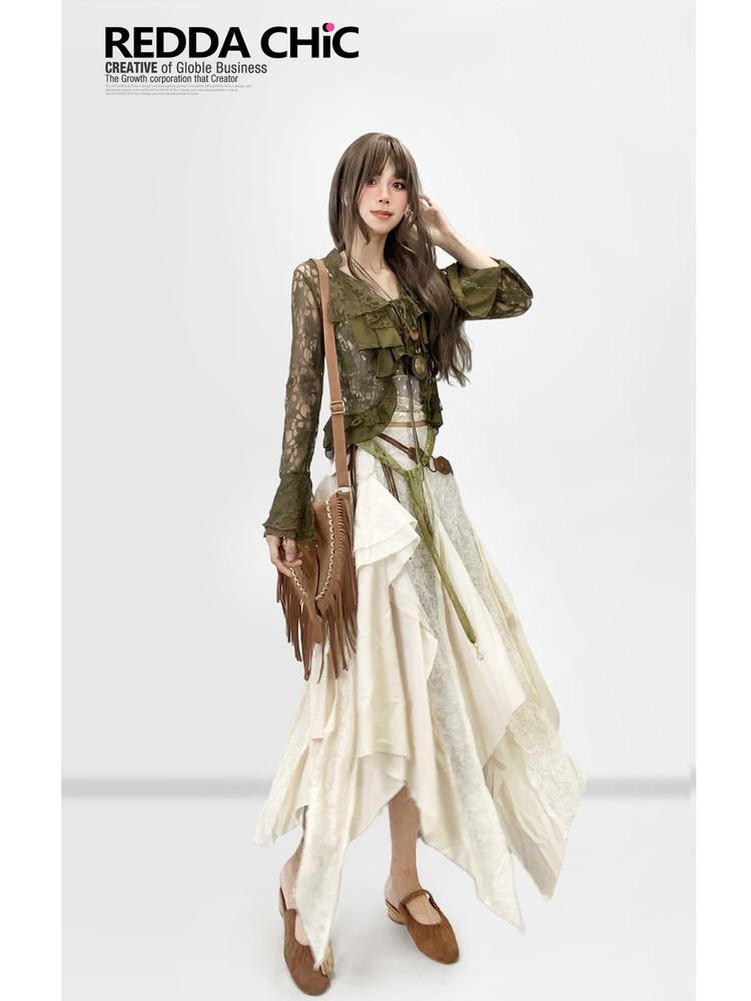 REDDACHIC Ethnic Tiered Ruffle Asymmetrical Women'S Lace Spliced Maxi Skirts