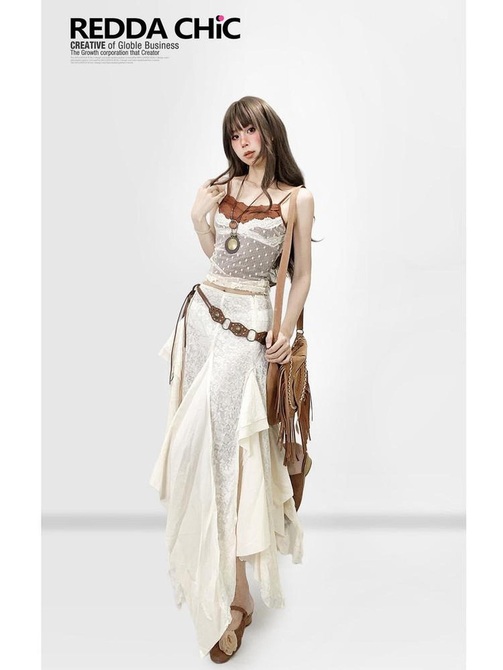 REDDACHIC Ethnic Tiered Ruffle Asymmetrical Women'S Lace Spliced Maxi Skirts
