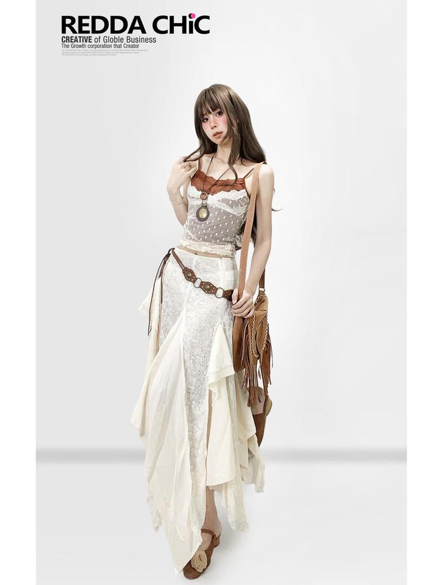 REDDACHIC Ethnic Tiered Ruffle Asymmetrical Women'S Lace Spliced Maxi Skirts