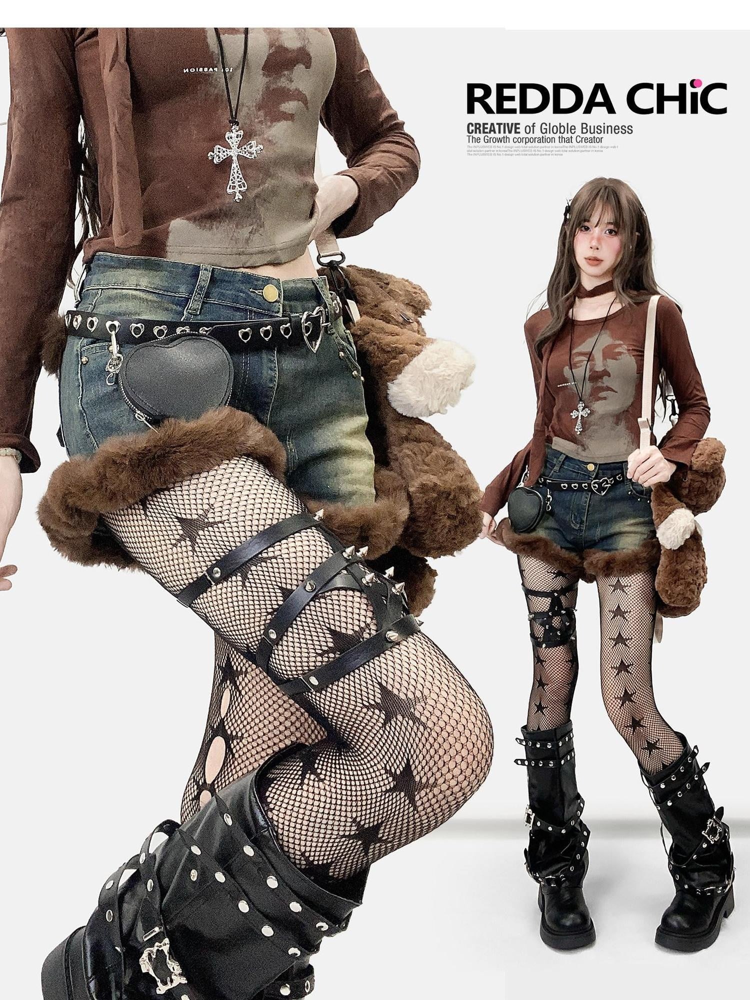 REDDACHIC Faux Fur Gothic High Waist Zipper Slim Women'S Cotton Stretch Denim Shorts