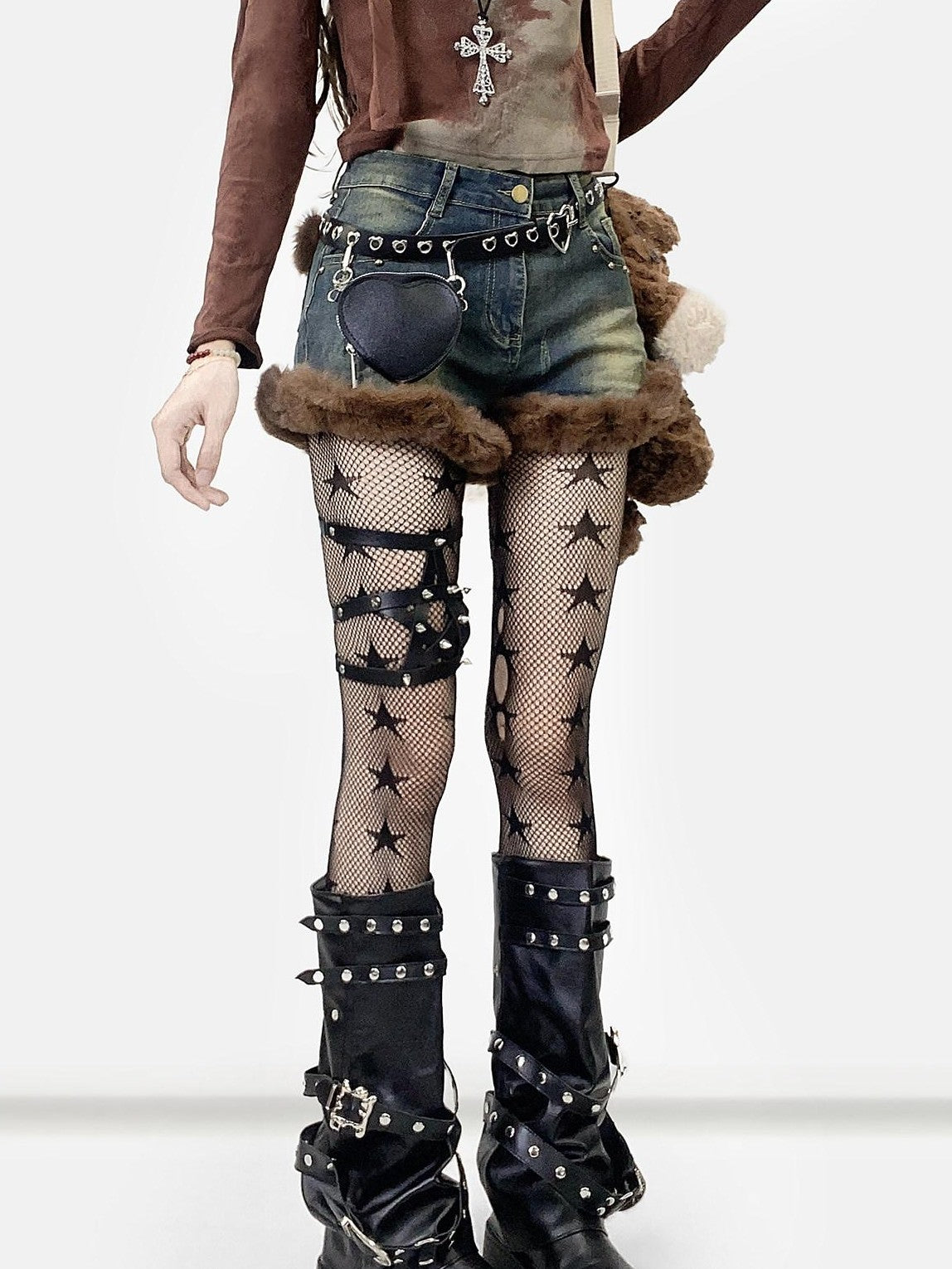 REDDACHIC Faux Fur Gothic High Waist Zipper Slim Women'S Cotton Stretch Denim Shorts