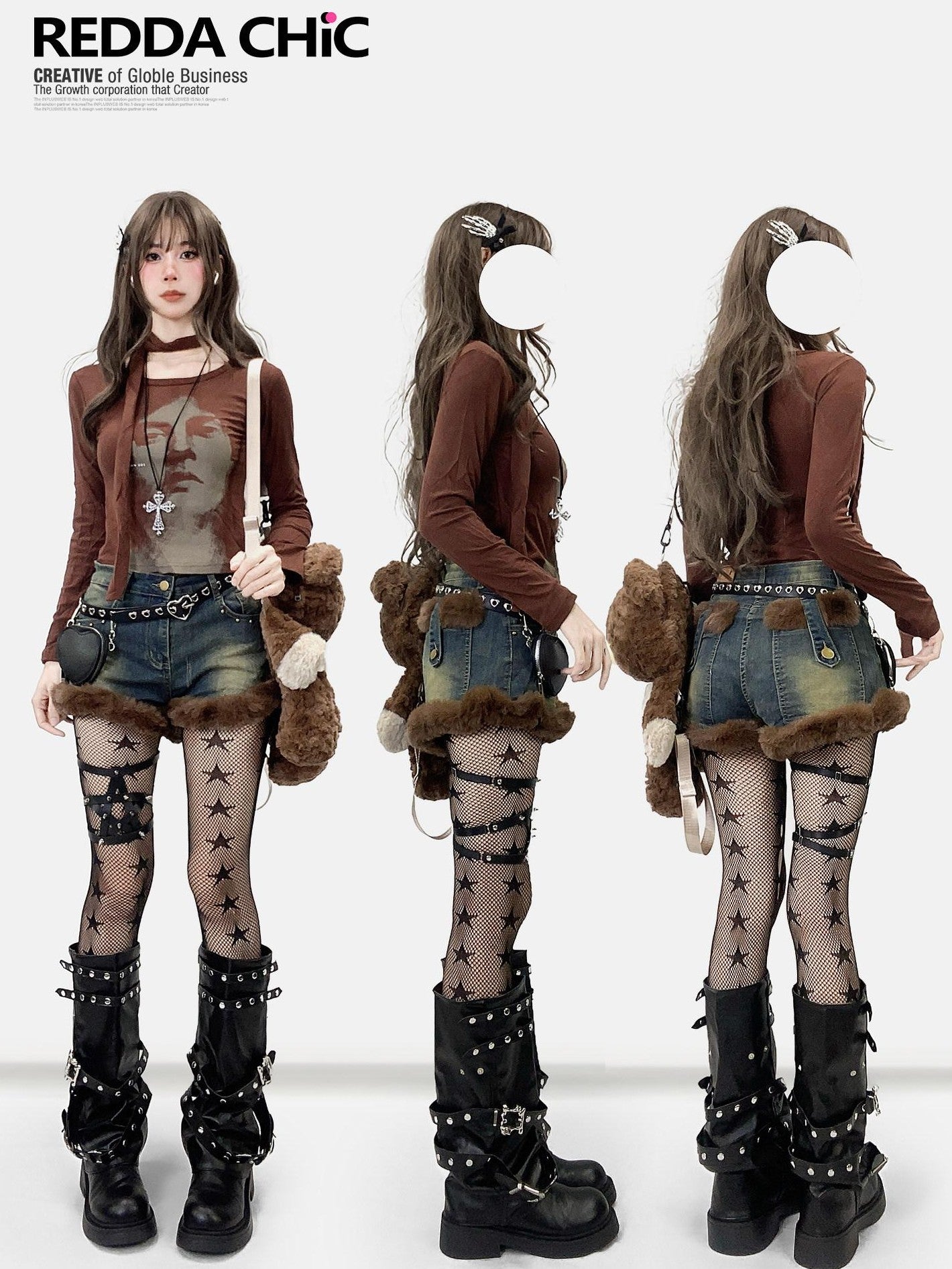 REDDACHIC Faux Fur Gothic High Waist Zipper Slim Women'S Cotton Stretch Denim Shorts