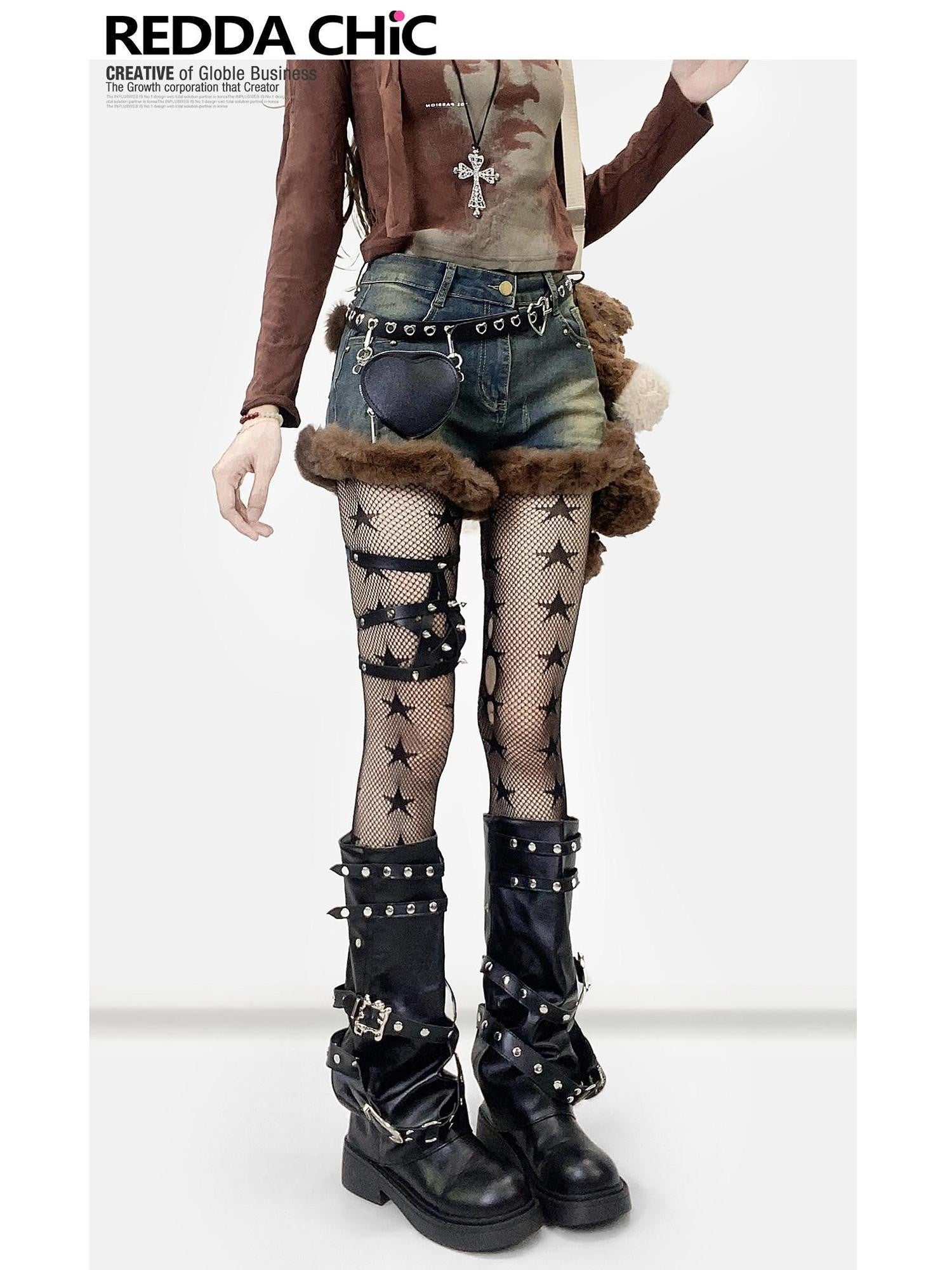 REDDACHIC Faux Fur Gothic High Waist Zipper Slim Women'S Cotton Stretch Denim Shorts