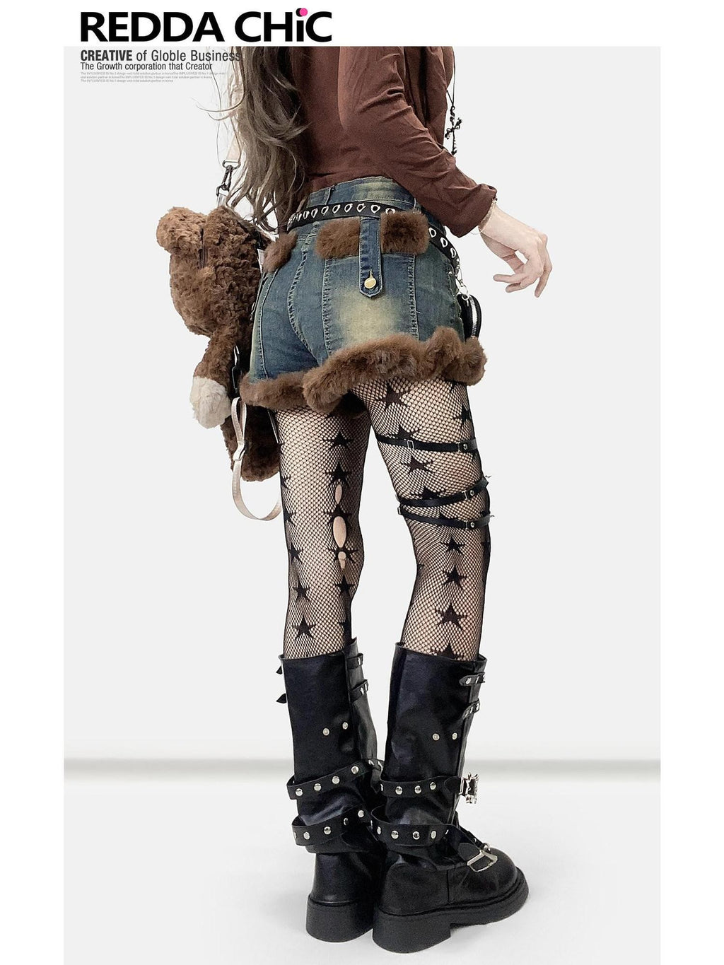 REDDACHIC Faux Fur Gothic High Waist Zipper Slim Women'S Cotton Stretch Denim Shorts