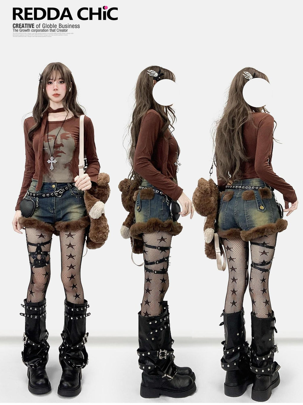 REDDACHIC Faux Fur Gothic High Waist Zipper Slim Women'S Cotton Stretch Denim Shorts