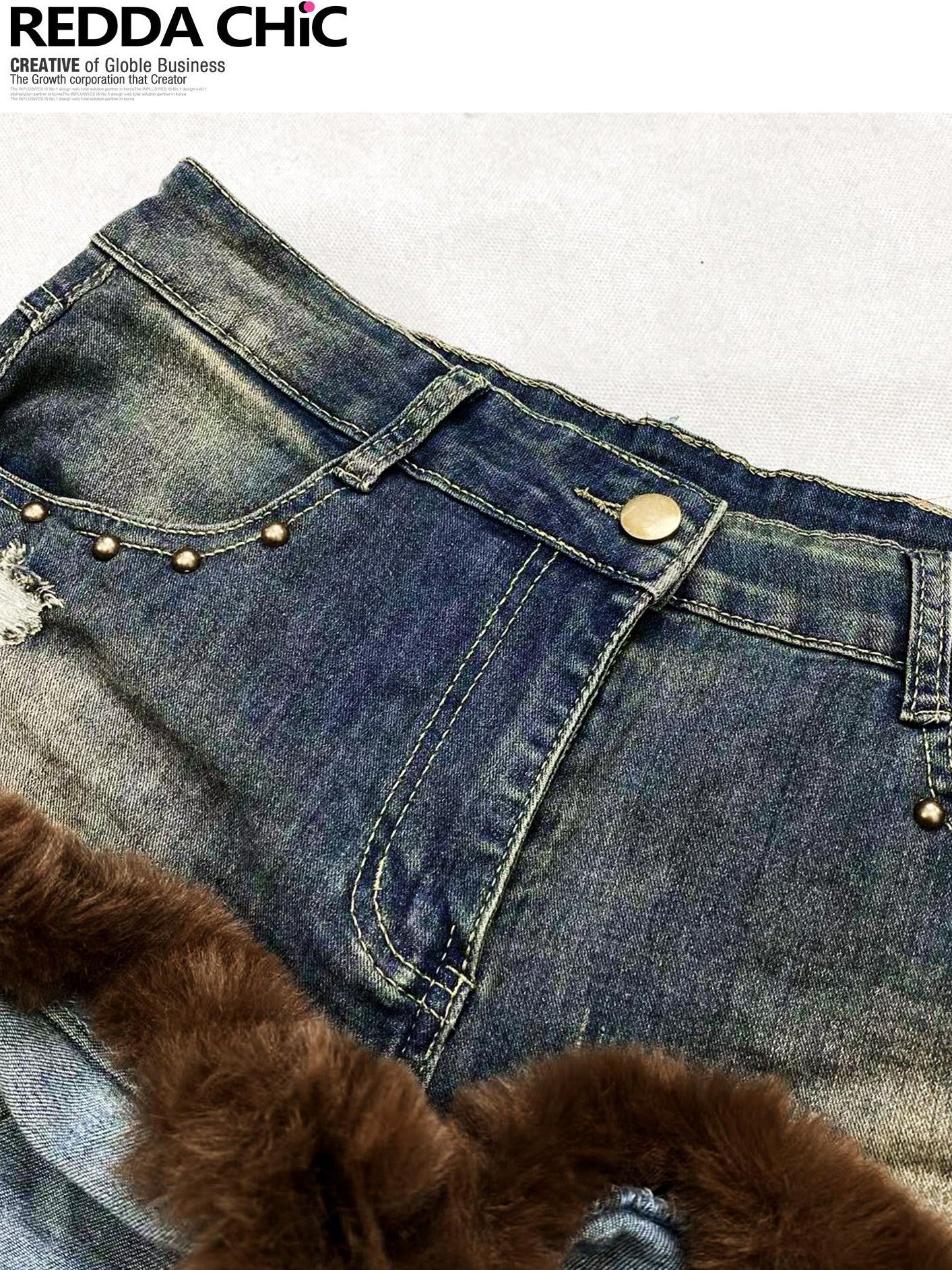 REDDACHIC Faux Fur Gothic High Waist Zipper Slim Women'S Cotton Stretch Denim Shorts