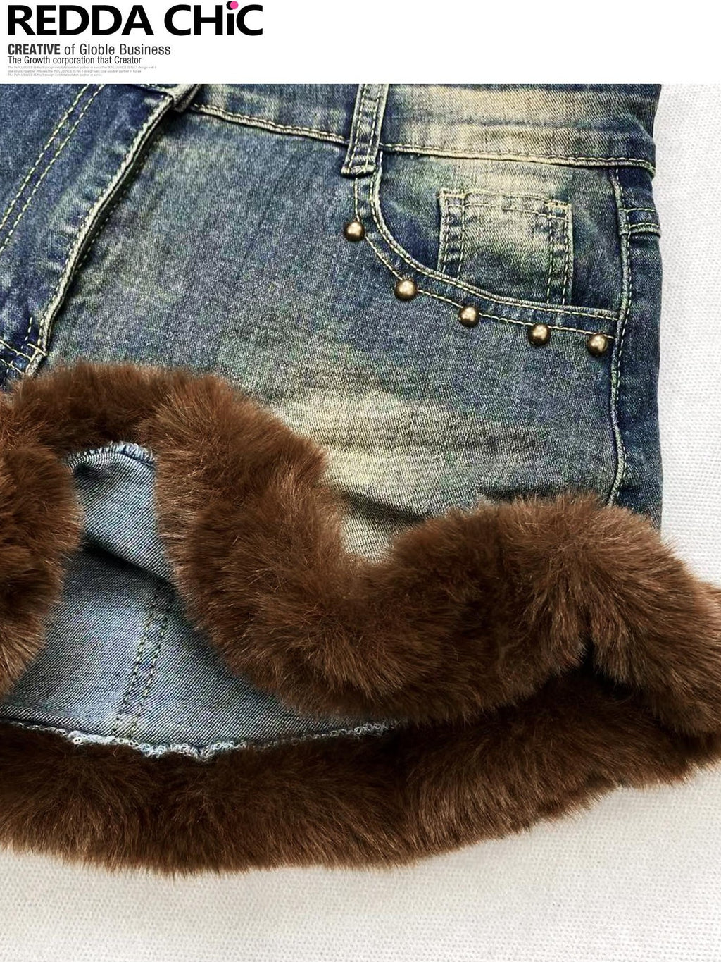 REDDACHIC Faux Fur Gothic High Waist Zipper Slim Women'S Cotton Stretch Denim Shorts