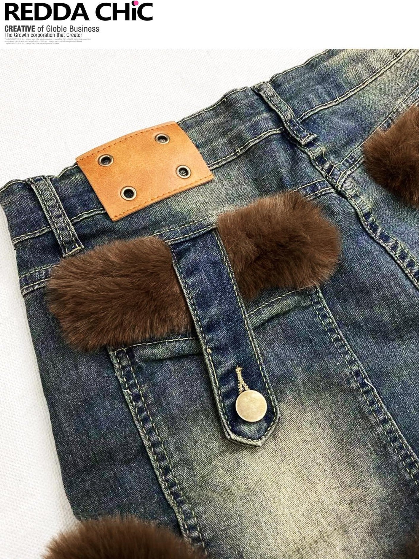 REDDACHIC Faux Fur Gothic High Waist Zipper Slim Women'S Cotton Stretch Denim Shorts